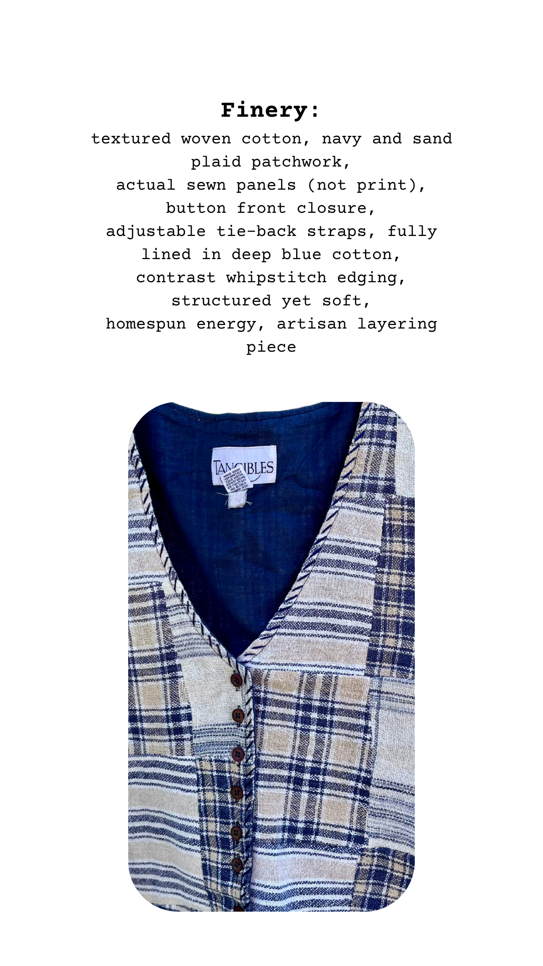 Plaid vest with text describing its features on a white background