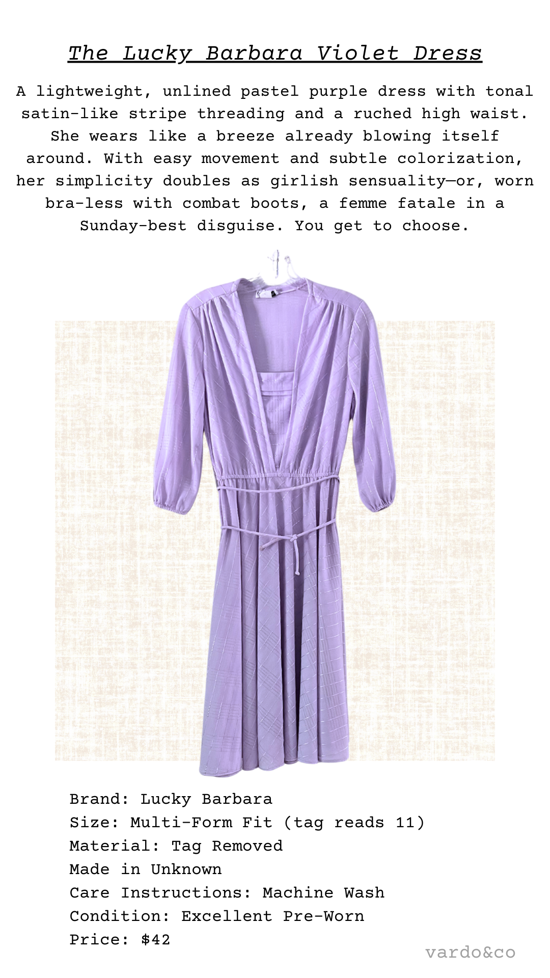 Lightweight, unlined pastel purple dress with text description on a white background