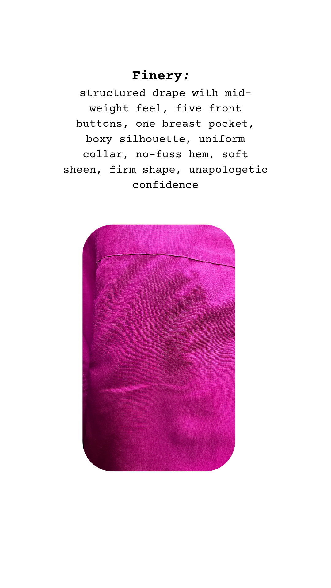 Close-up of rich magenta fabric and breast pocket showing smooth texture, visible stitching, and bold color saturation