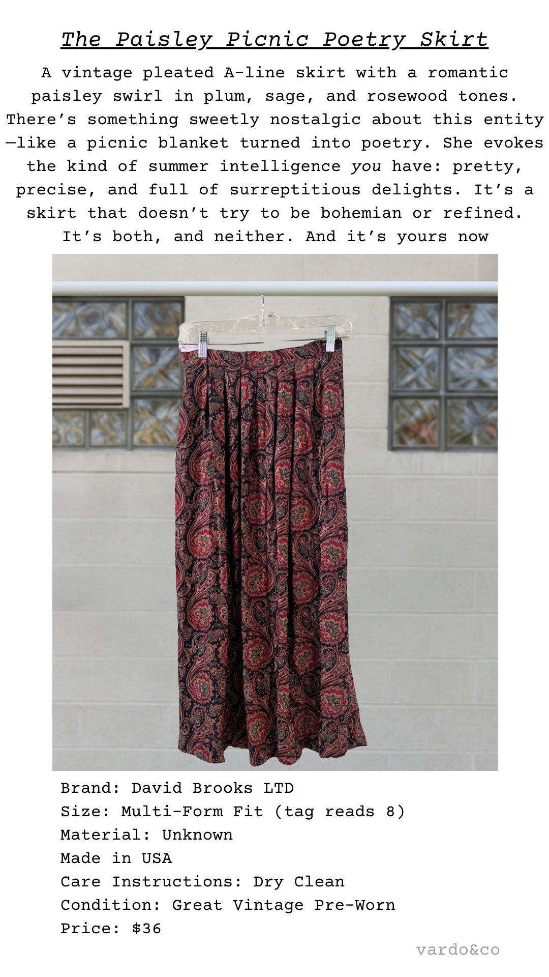 Vintage paisley picnic poetry skirt on a white background with product description text.