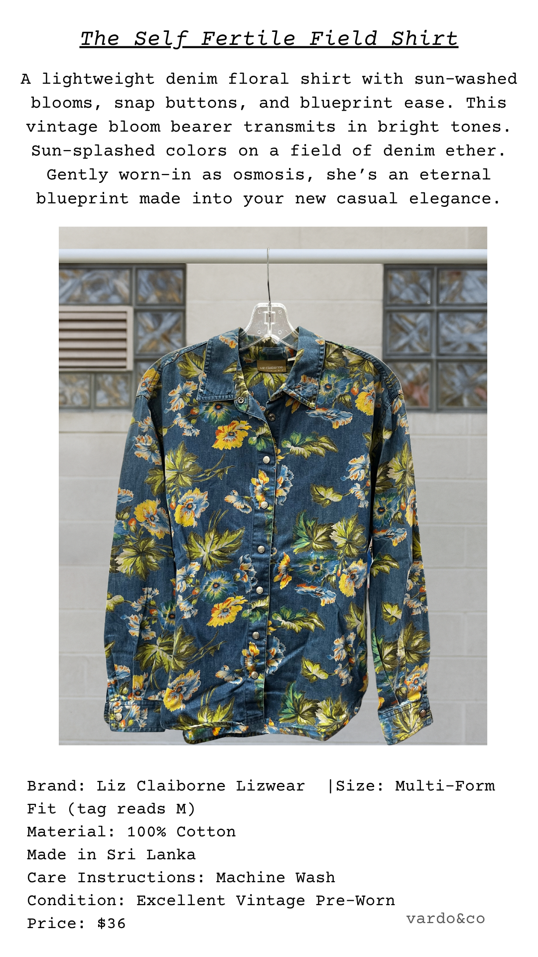 Product card for The Self Fertile Field Shirt, featuring a blue floral denim shirt and poetic description emphasizing softness, signal, and ease.