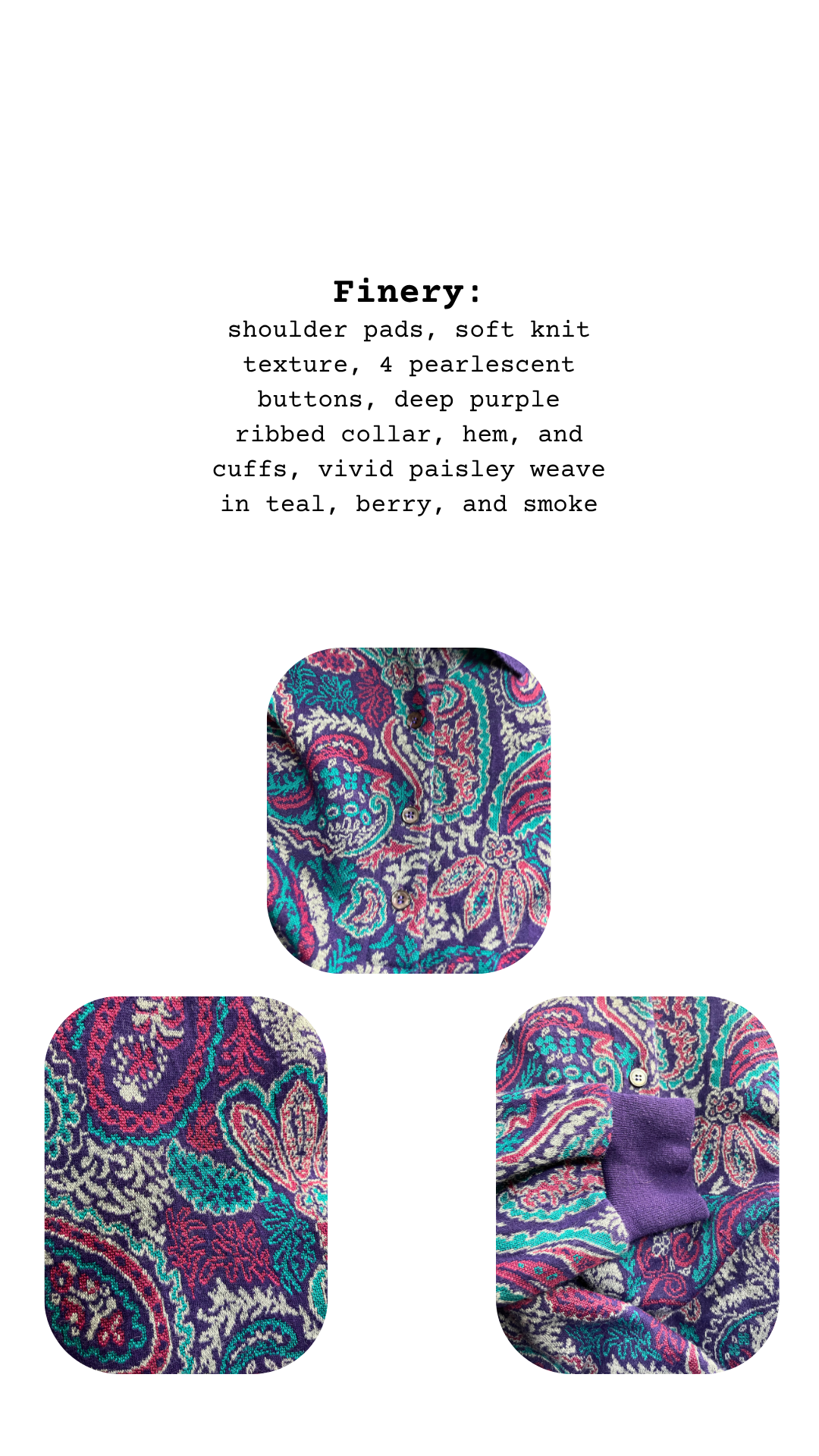 Three patterned shoulder pads with a purple bow on a white background, text describing the product details.