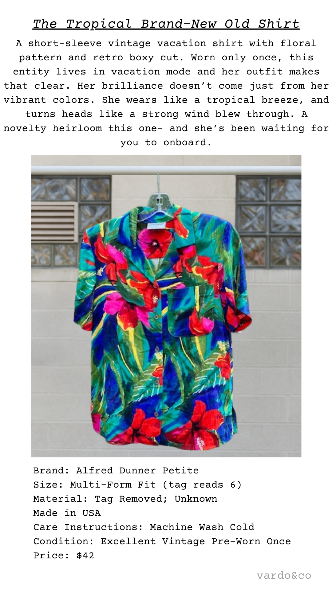 Garment card for The Tropical Brand-New Old Shirt, a bold floral vintage shirt with poetic description and item details