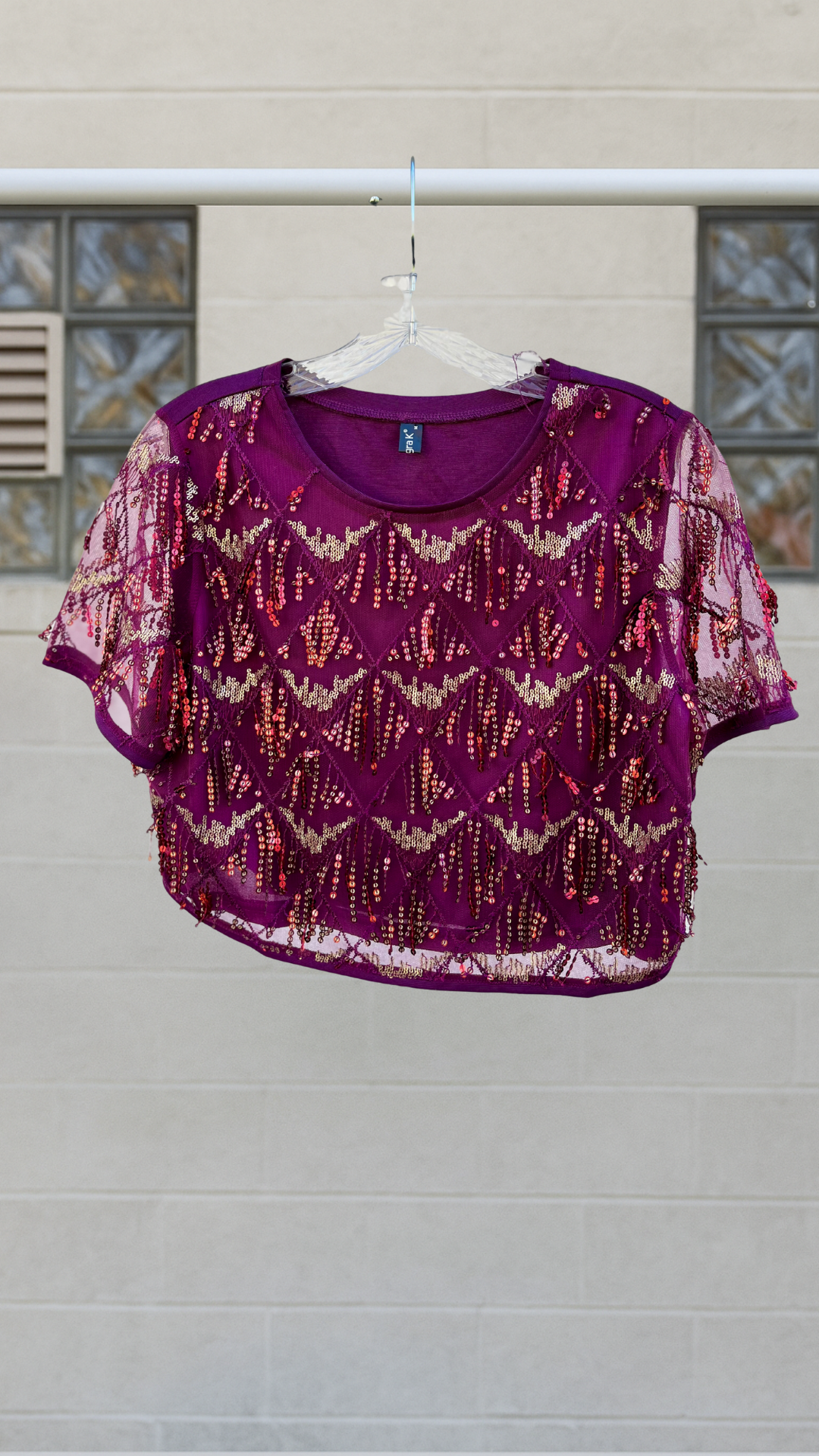 a cropped short sleeve shirt with sequins on a hanger against a white background