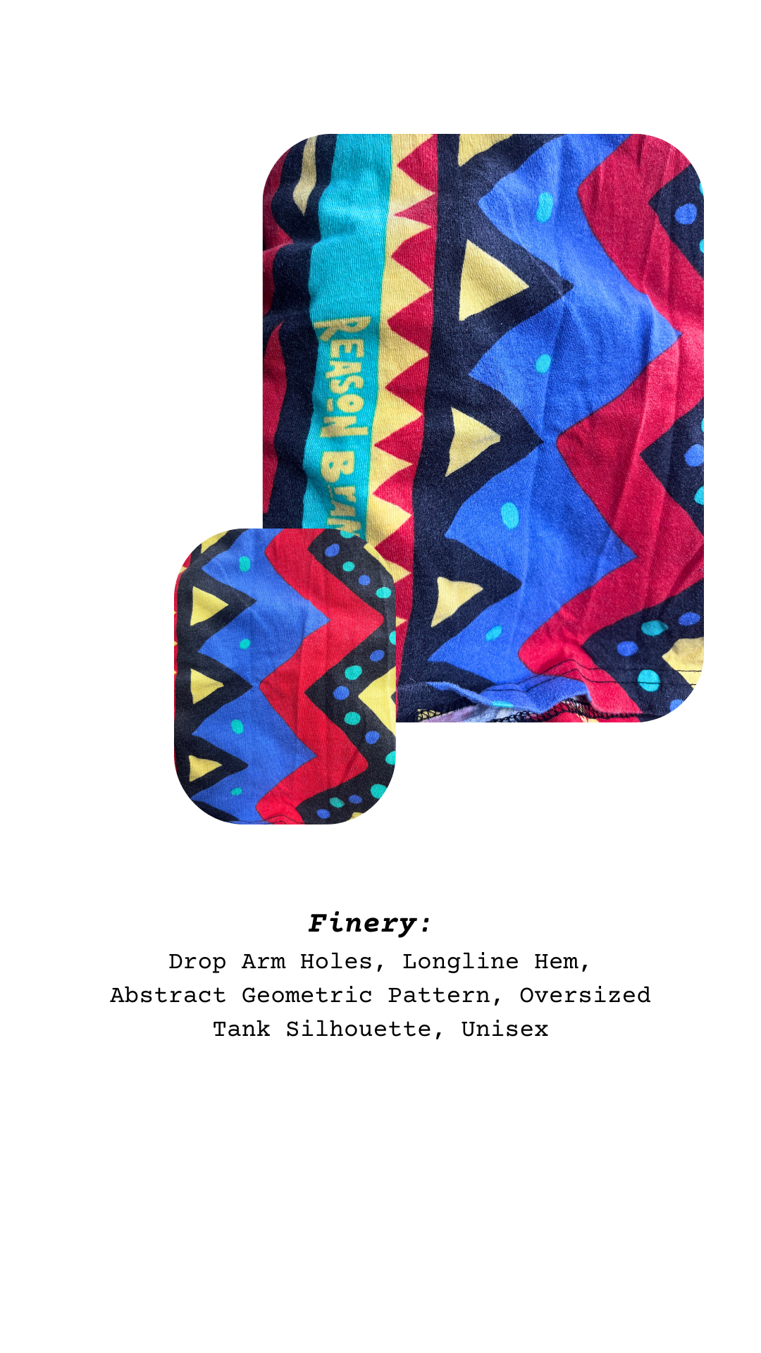 Colorful geometric-patterned tank top on a white background with text describing features.