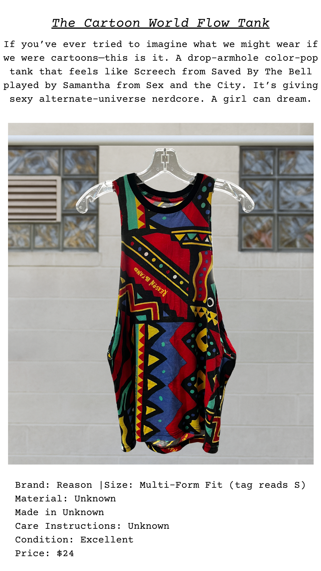 Colorful tank top with geometric pattern on a hanger against a tiled wall background.