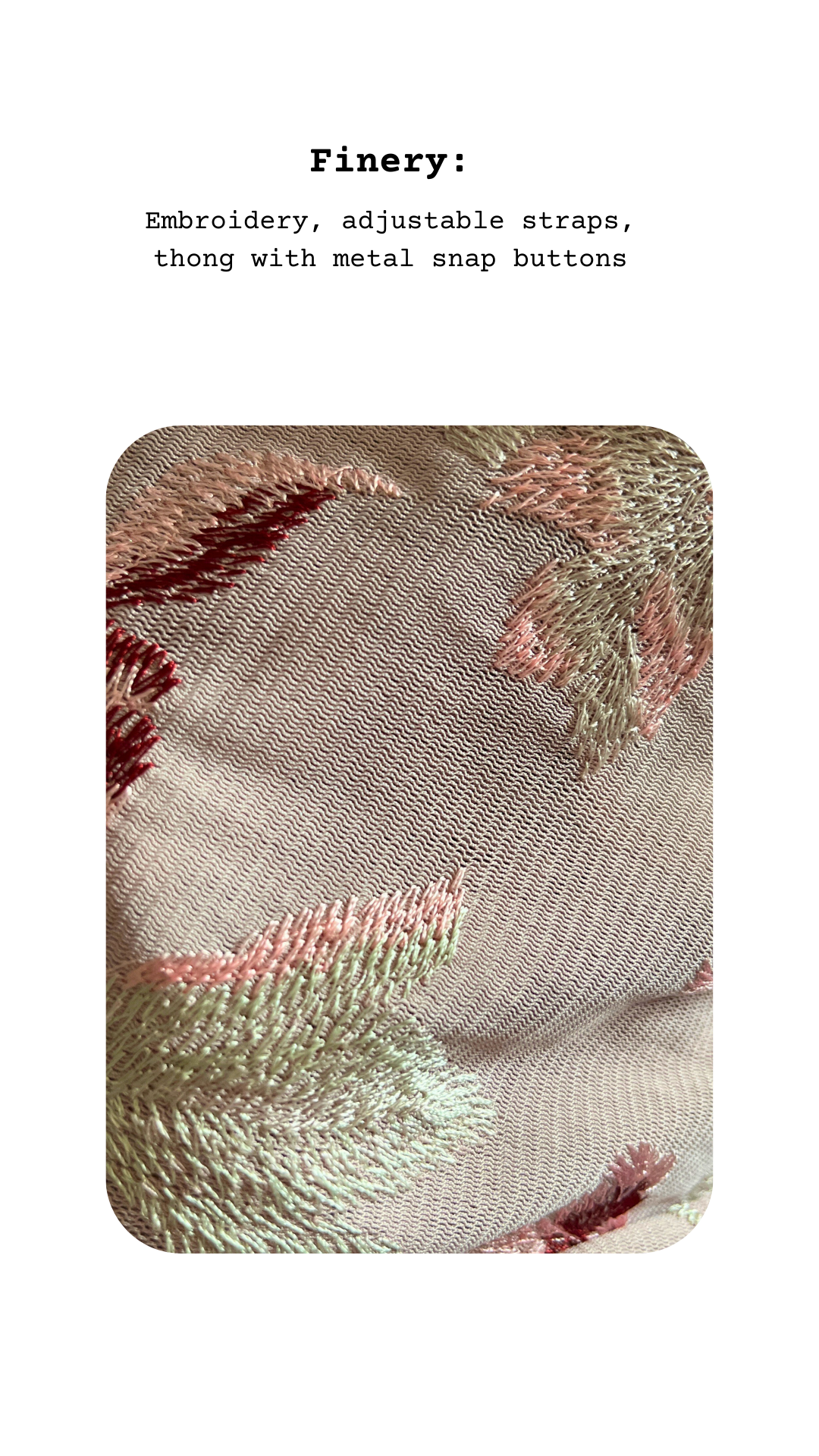 Textured fabric with embroidered patterns and metal snap buttons on a white background