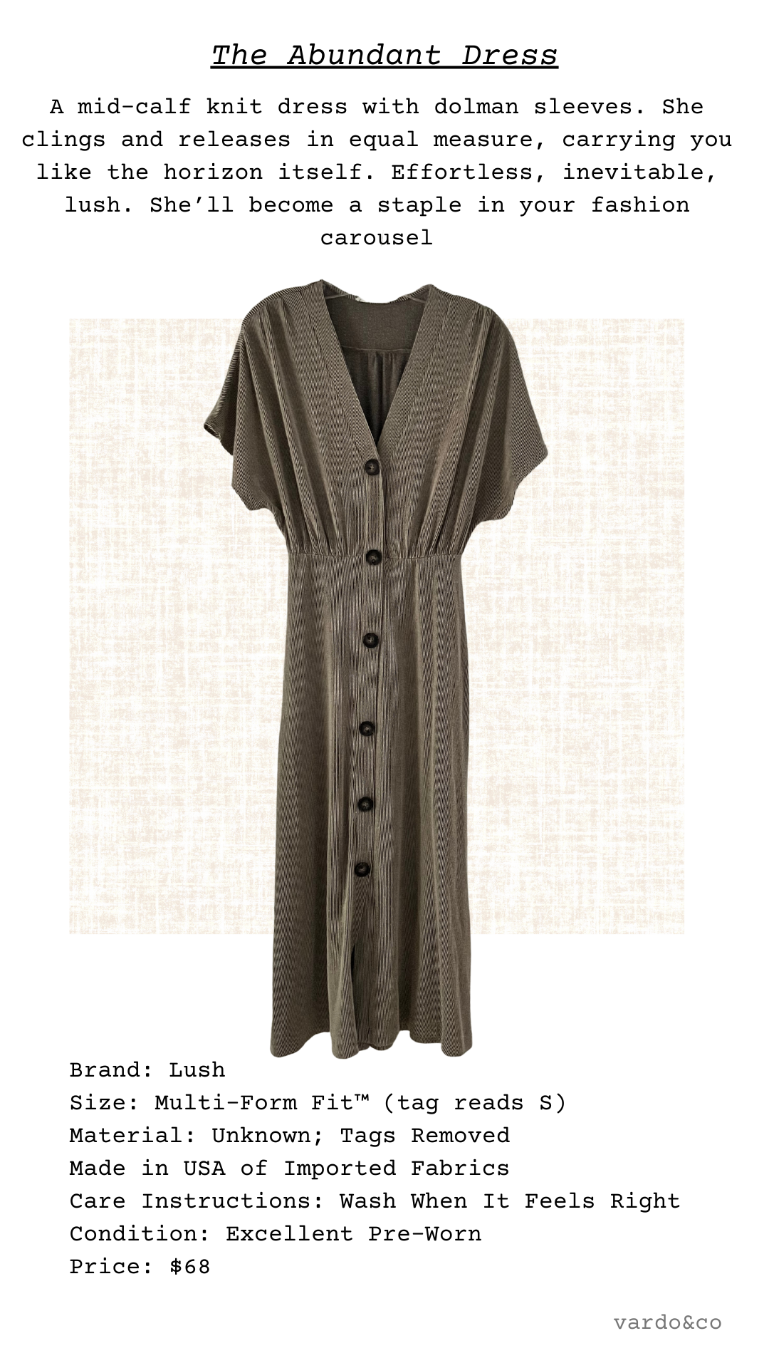 Catalog card of The Abundant Dress, olive knit mid-calf dress with dolman sleeves and v-neckline
