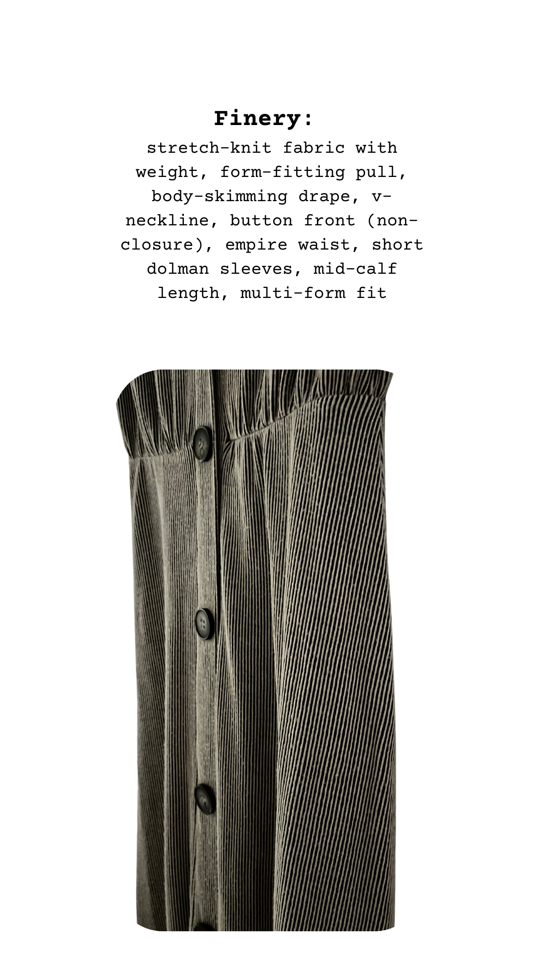 Finery card close-up of The Abundant Dress, textured knit fabric with button detail and empire waistline
