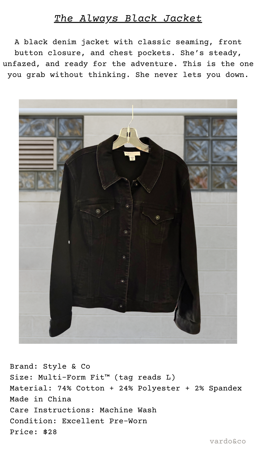 Product card titled “The Always Black Jacket” with a short description above a full garment photo and a specs block listing brand, size L, cotton-poly-spandex blend, care, condition, and price $28.
