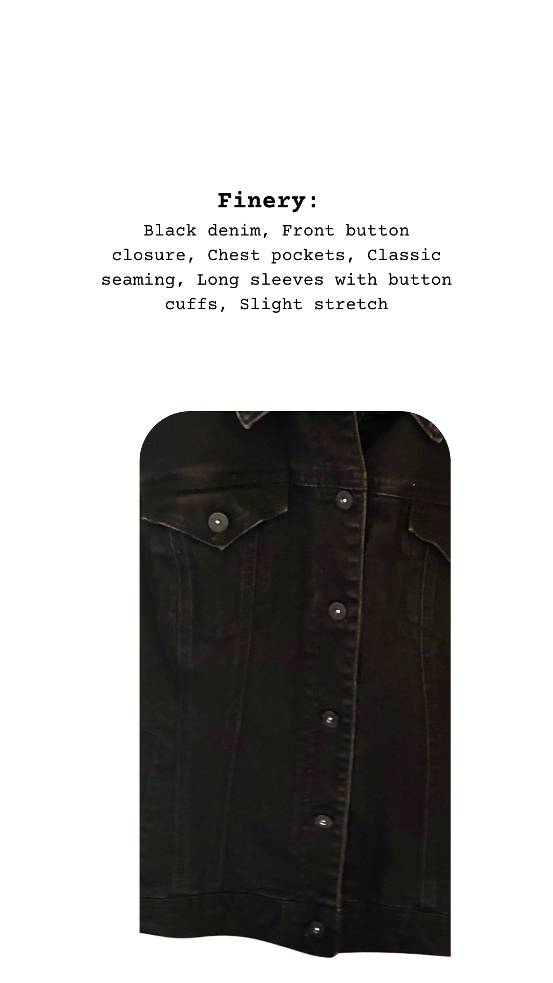 Close-up of black denim showing front button closure, chest pockets with flaps, and visible classic seaming.
