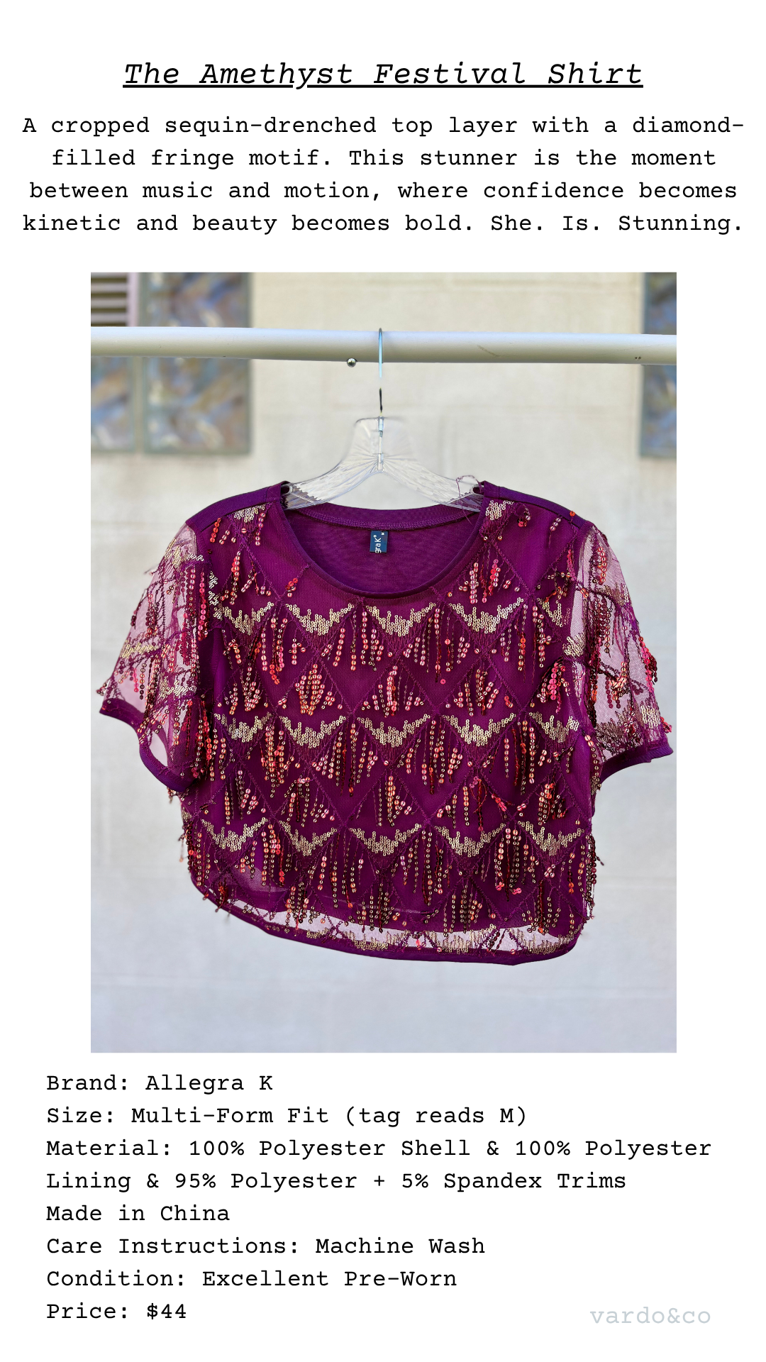 The Amethyst Festival Shirt garment card featuring a deep purple embellished crop top, brand and material details, and poetic description with finery and close-up fabric shots.
