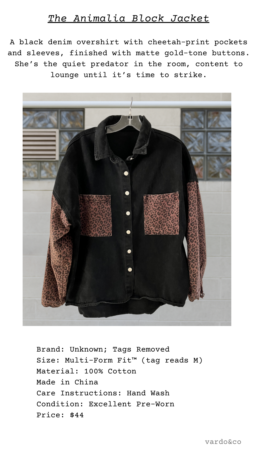 Catalog card for The Animalia Block Jacket, featuring a black denim overshirt with cheetah-print pockets and sleeves.
