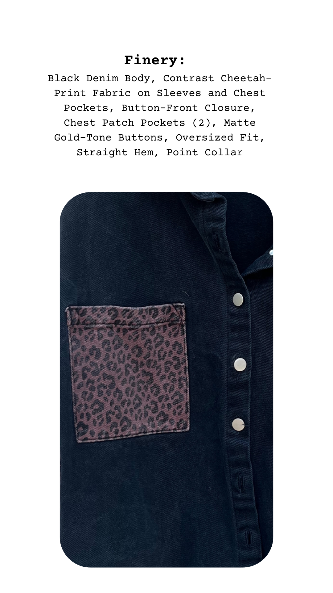 Close-up of The Animalia Block Jacket’s cheetah-print pocket and matte gold-tone buttons on black denim.
