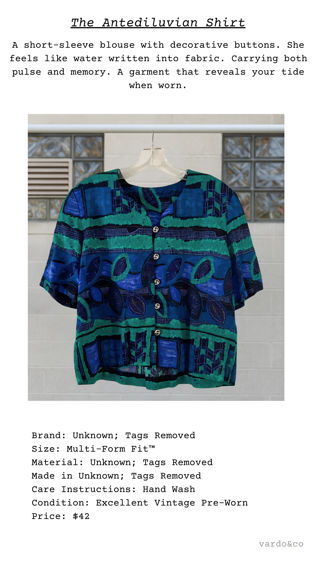 Catalog card showing The Antediluvian Shirt with text description
