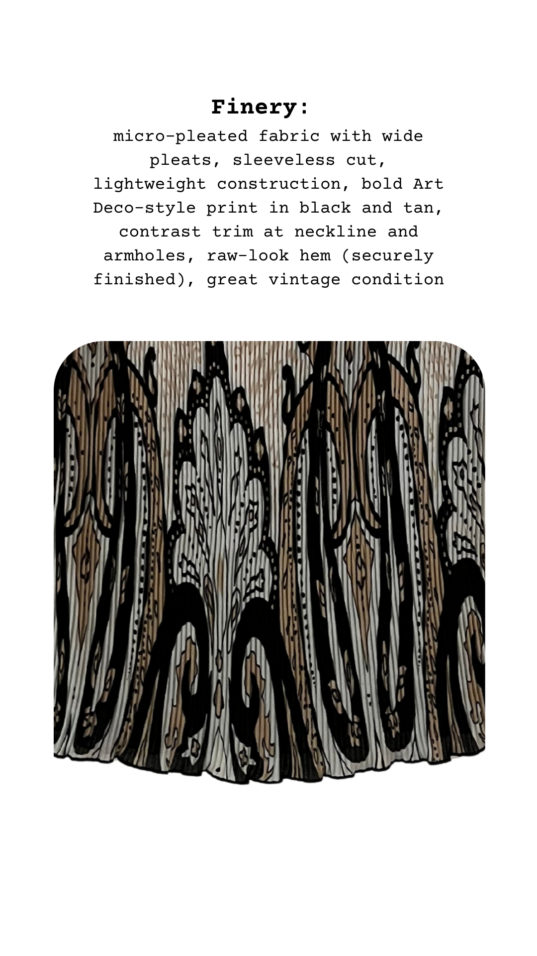Text description of a fabric with Art Deco-style print on a white background