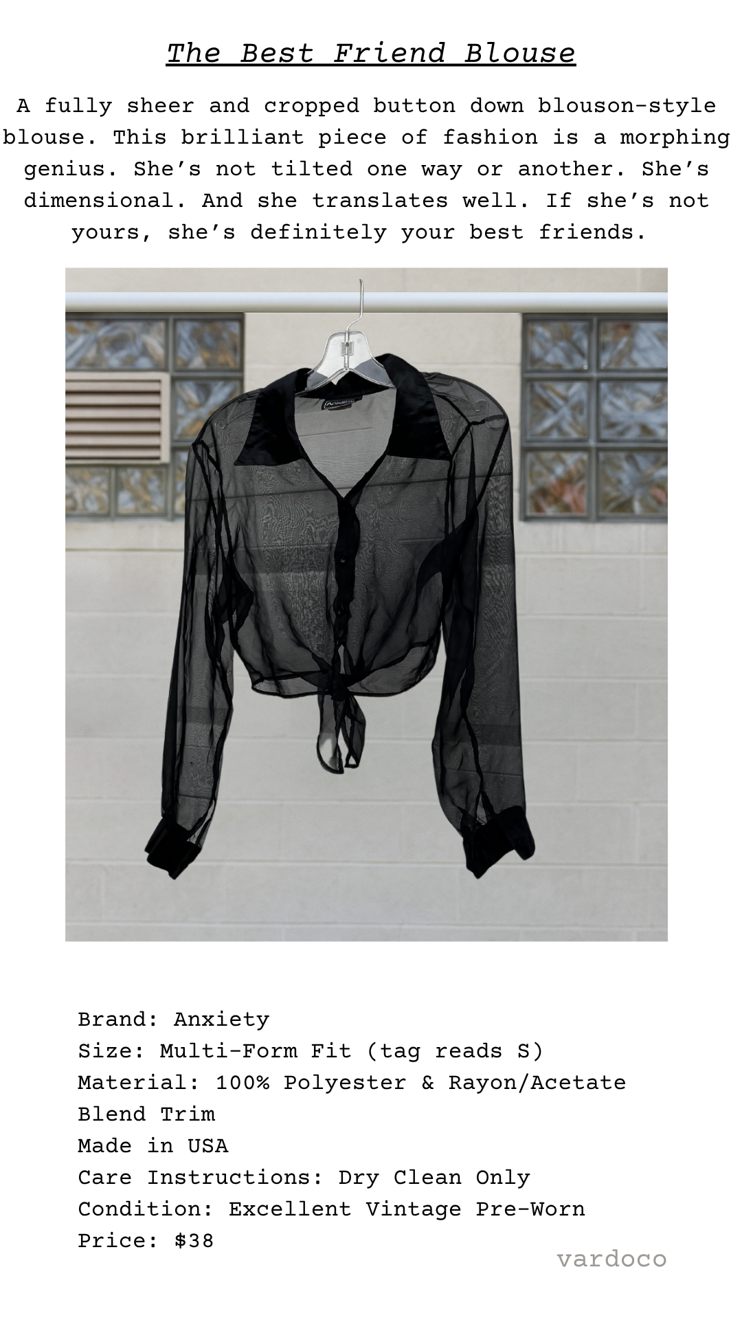 A poetic garment card for a sheer blouson-style button down with dimensional fit and satin detailing
