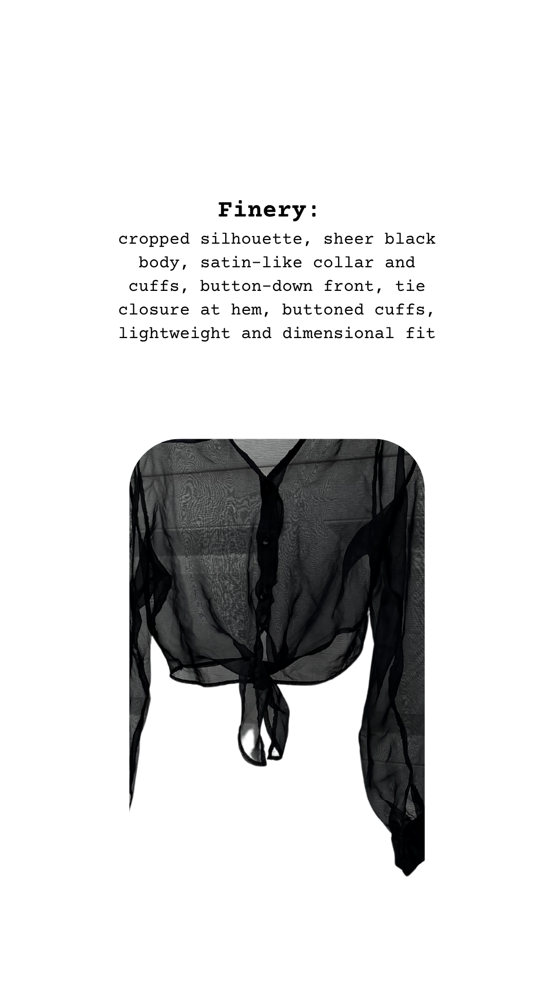 Sheer black blouse with text describing features on a white background