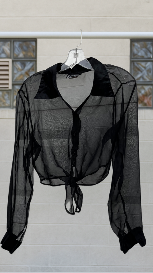 A sheer black cropped blouse with satin trim on collar and cuffs, tied at the hem
