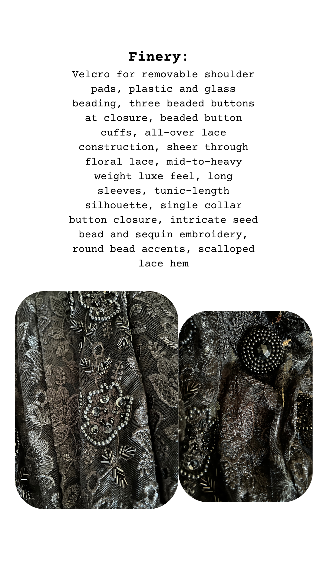 Close-up of black lace with sequins, bead embroidery, and beaded buttons