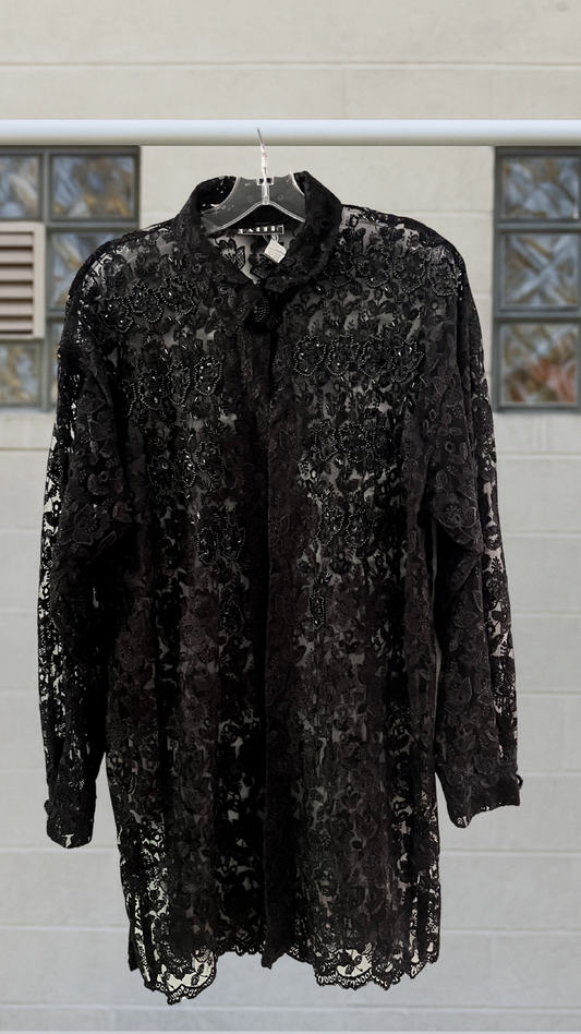Black lace long shirt with intricate beadwork and beaded buttons