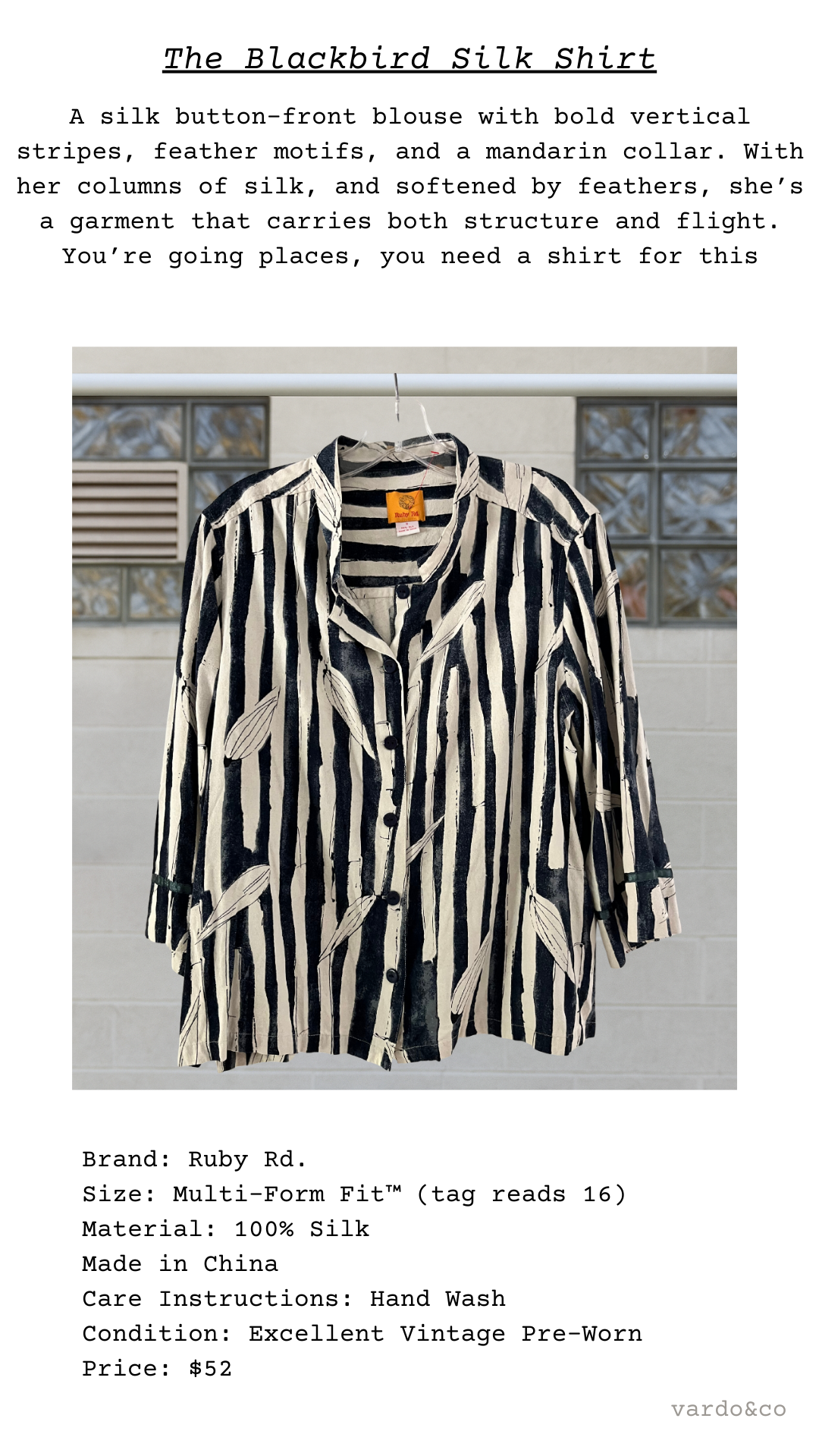 Catalog card showing The Blackbird Silk Shirt with description
