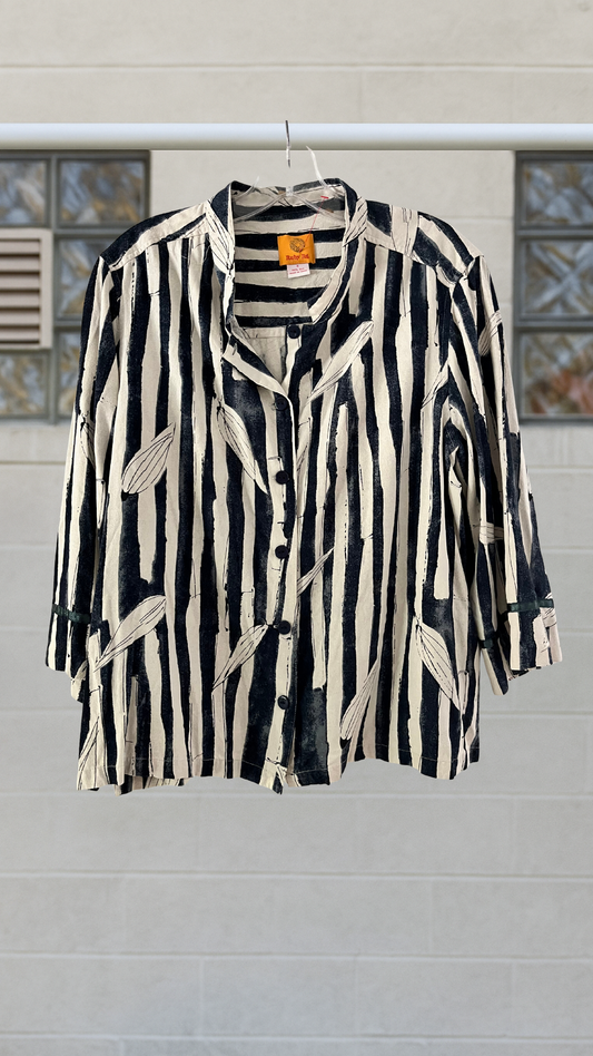 navy striped silk blouse with feather motif and mandarin collar
