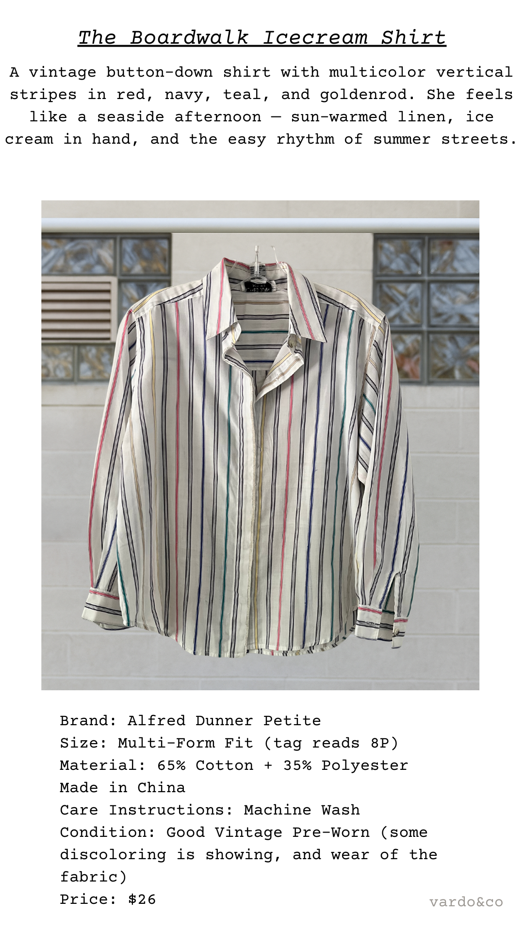 The Boardwalk Icecream Shirt shown on hanger, cream base with red, navy, teal, and goldenrod stripes, straight hem, and button cuffs.
