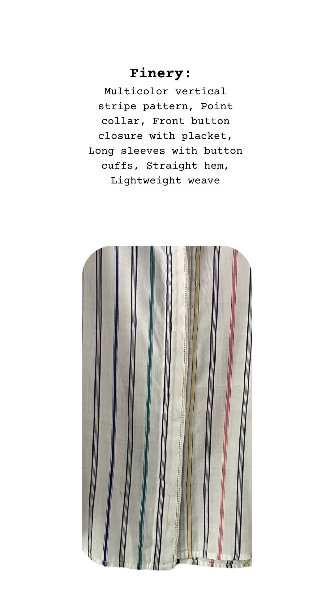 Close-up of The Boardwalk Icecream Shirt’s cream fabric with multicolor stripes and front placket detail.
