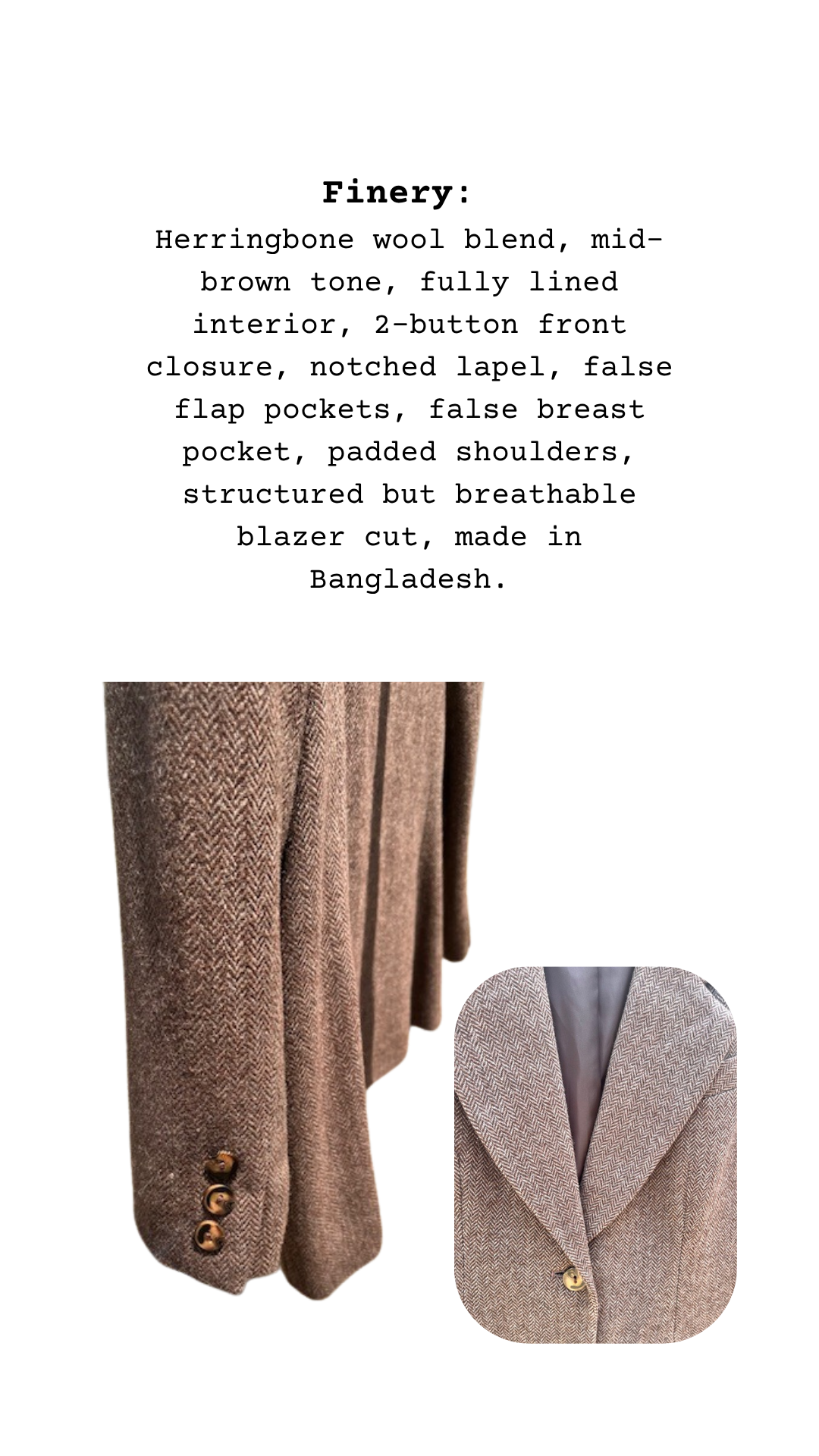 Close-up of mid-brown wool blazer showing its herringbone weave and tortoiseshell buttons, with a detail inset of the notched lapel and inner lining.