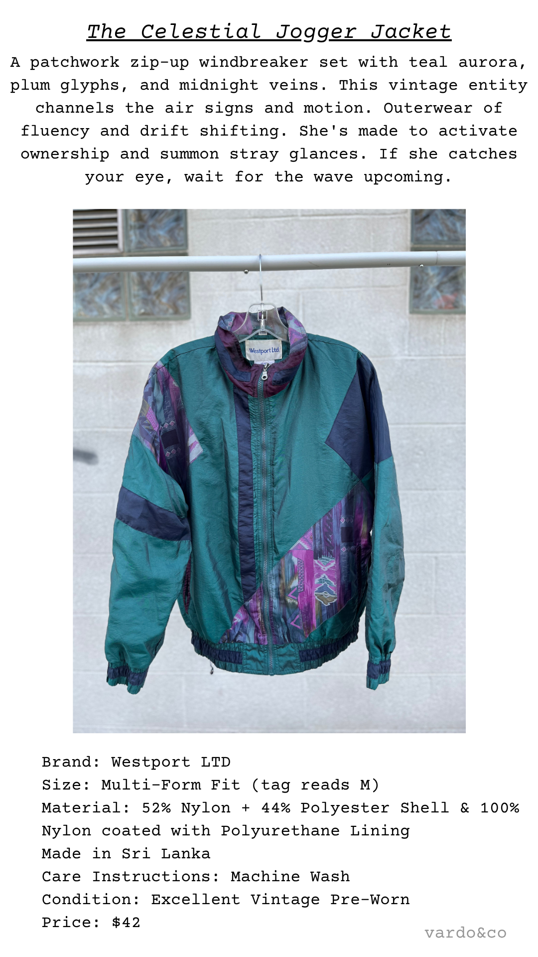 Teal and purple jacket on a rack with product description text overlay