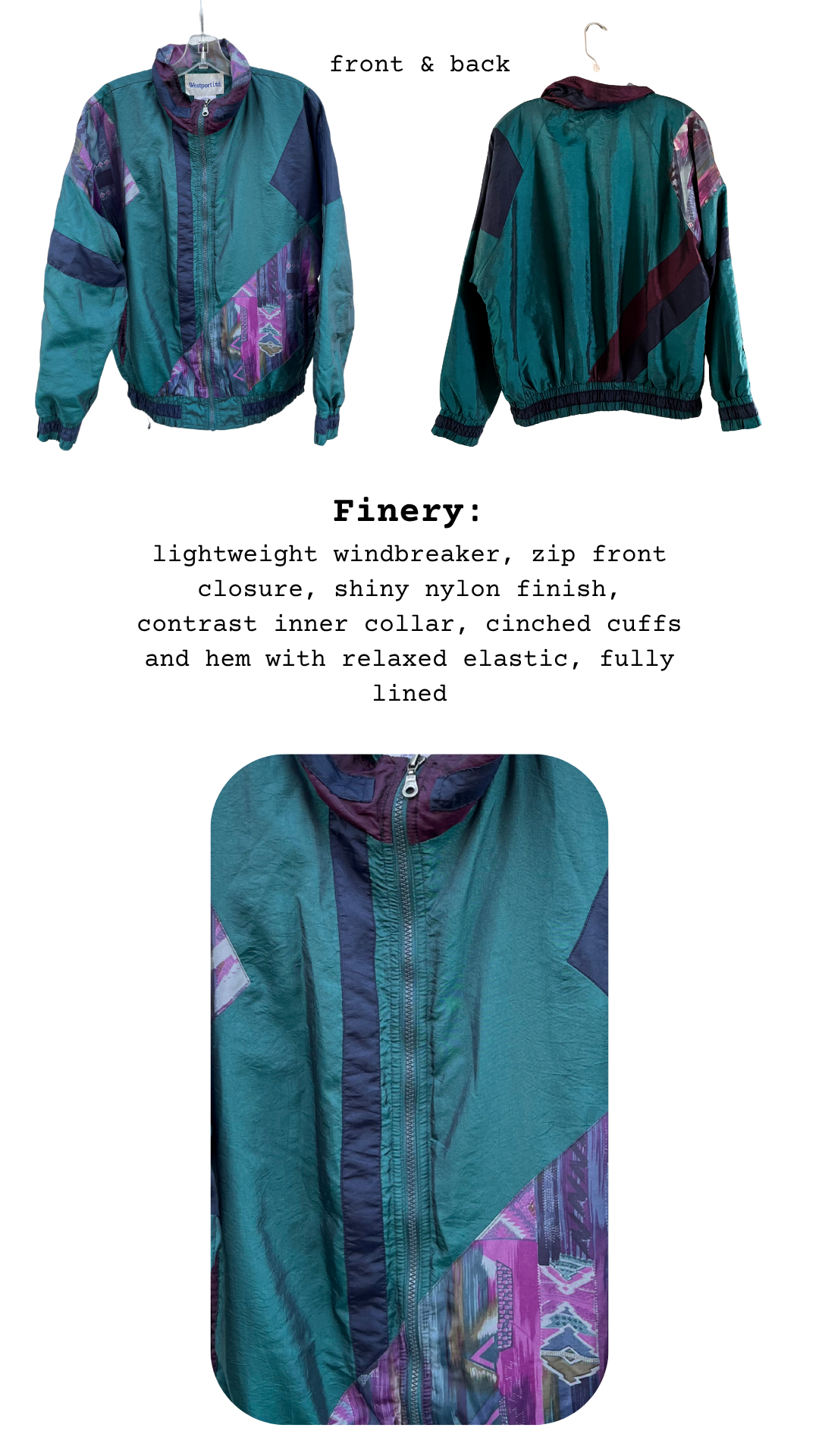 Teal and purple jacket shown from front and back with product description text.