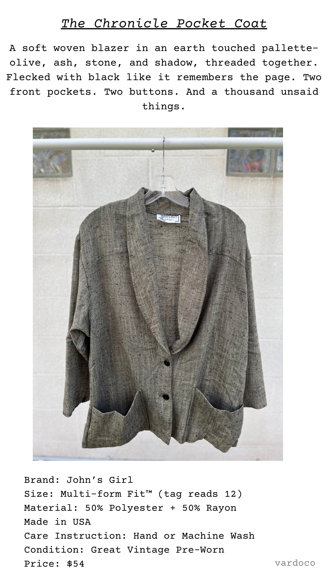 The Chronicle Pocket Coat in olive‑ash mottled weave with lapel collar, two buttons, and oversized pockets.
