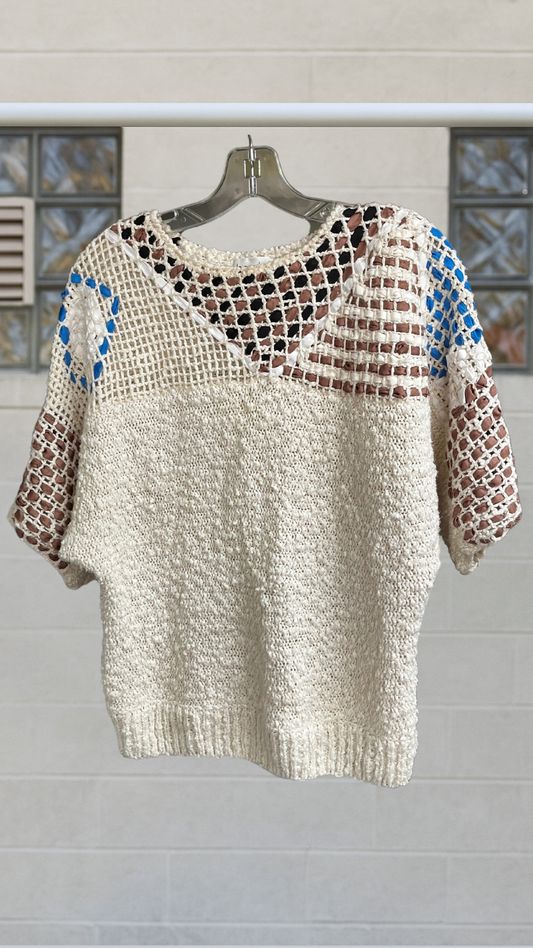 Ivory and cognac open-weave short sleeve sweater with blue ribbon accents, Bonnie and Bill New York.