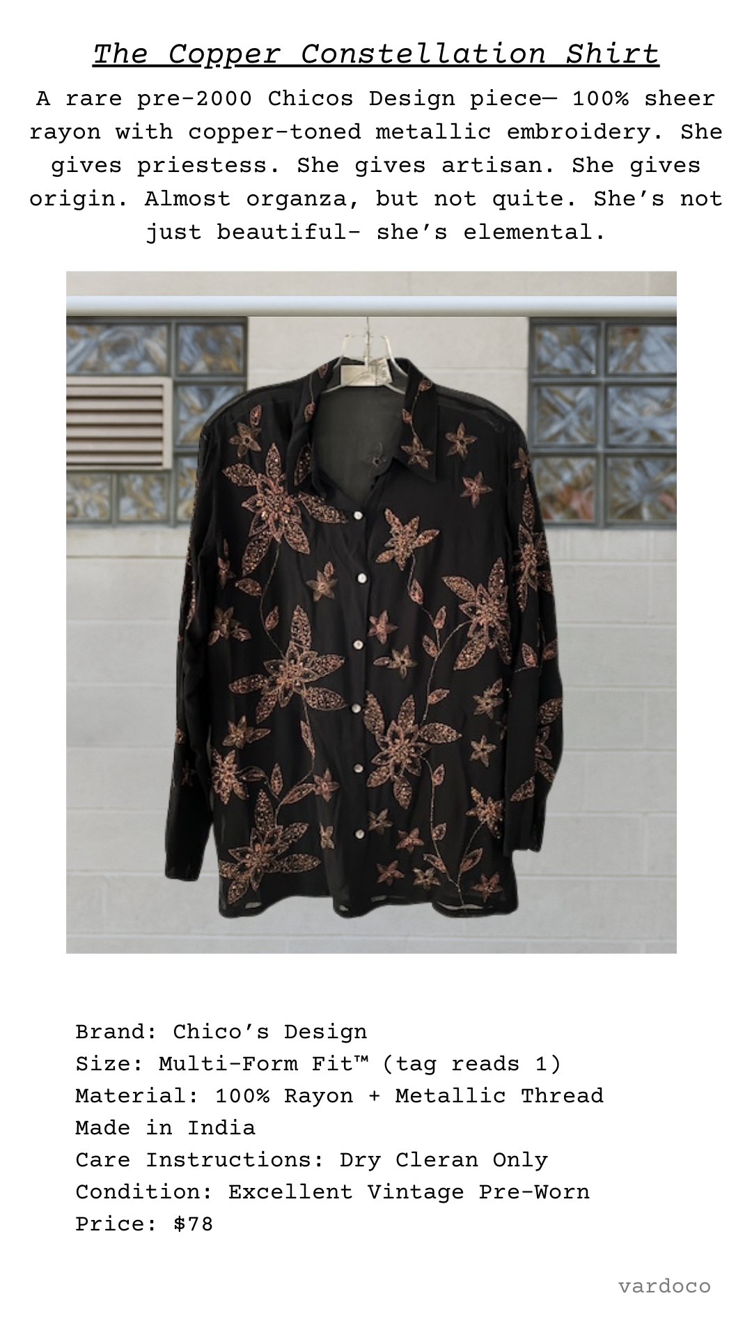 The Copper Constellation Shirt displayed front-facing, black sheer fabric with copper floral metallic embroidery and sequins.
