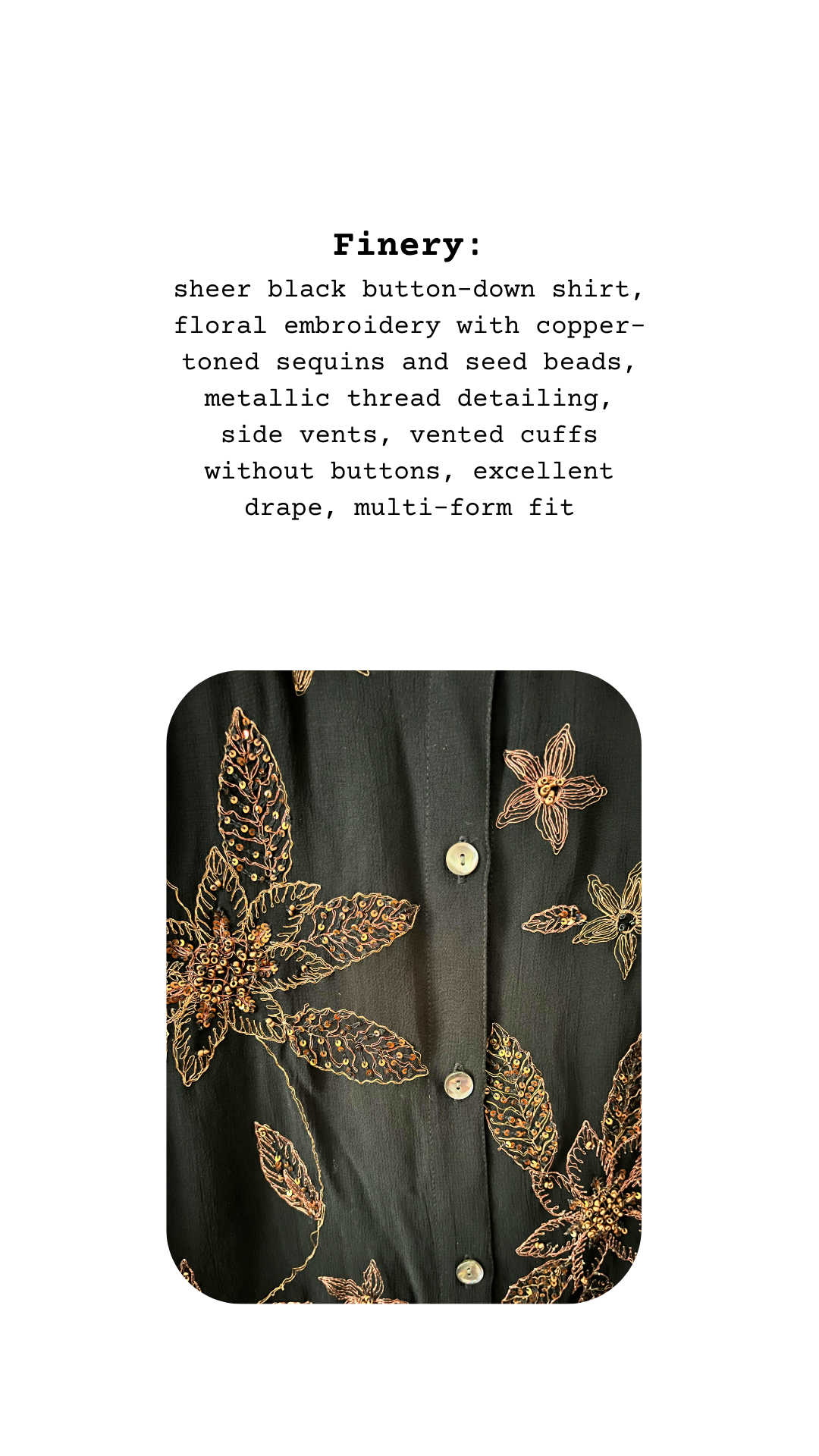 Close-up of copper-toned floral embroidery with sequins, seed beads, and metallic thread on sheer black fabric.
