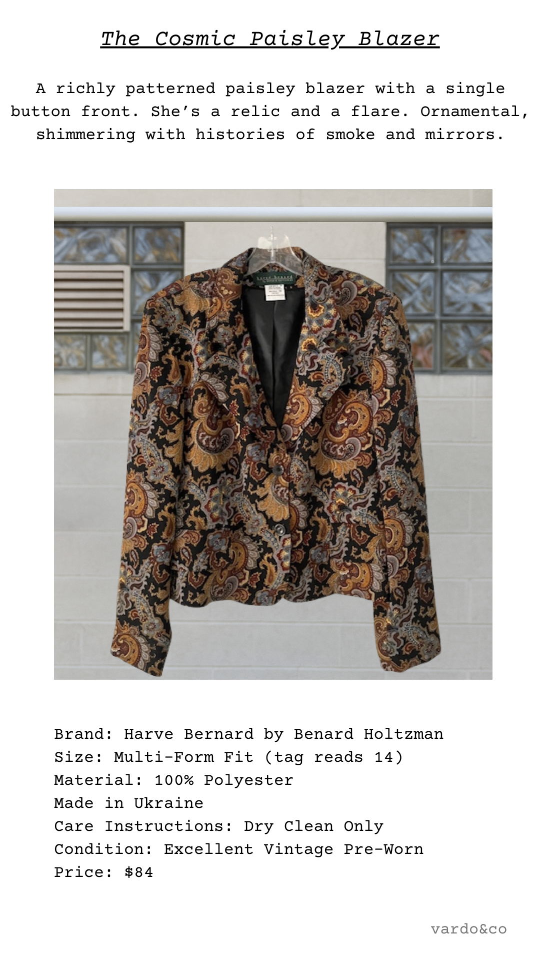 Catalog card of The Cosmic Paisley Blazer, richly patterned paisley blazer in multi-color tones
