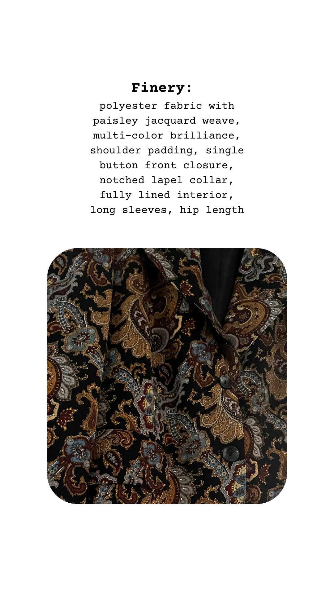 Finery card close-up of The Cosmic Paisley Blazer, paisley jacquard fabric with button detail
