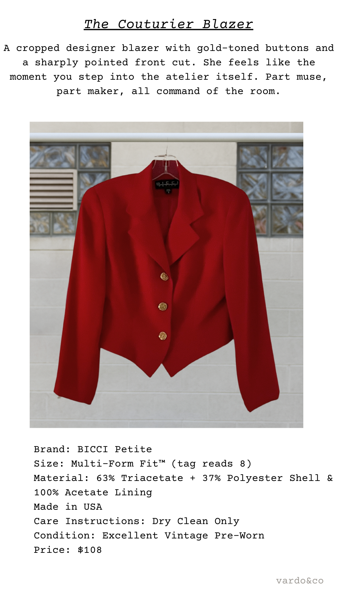 Red blazer on a hanger with text describing the product.
