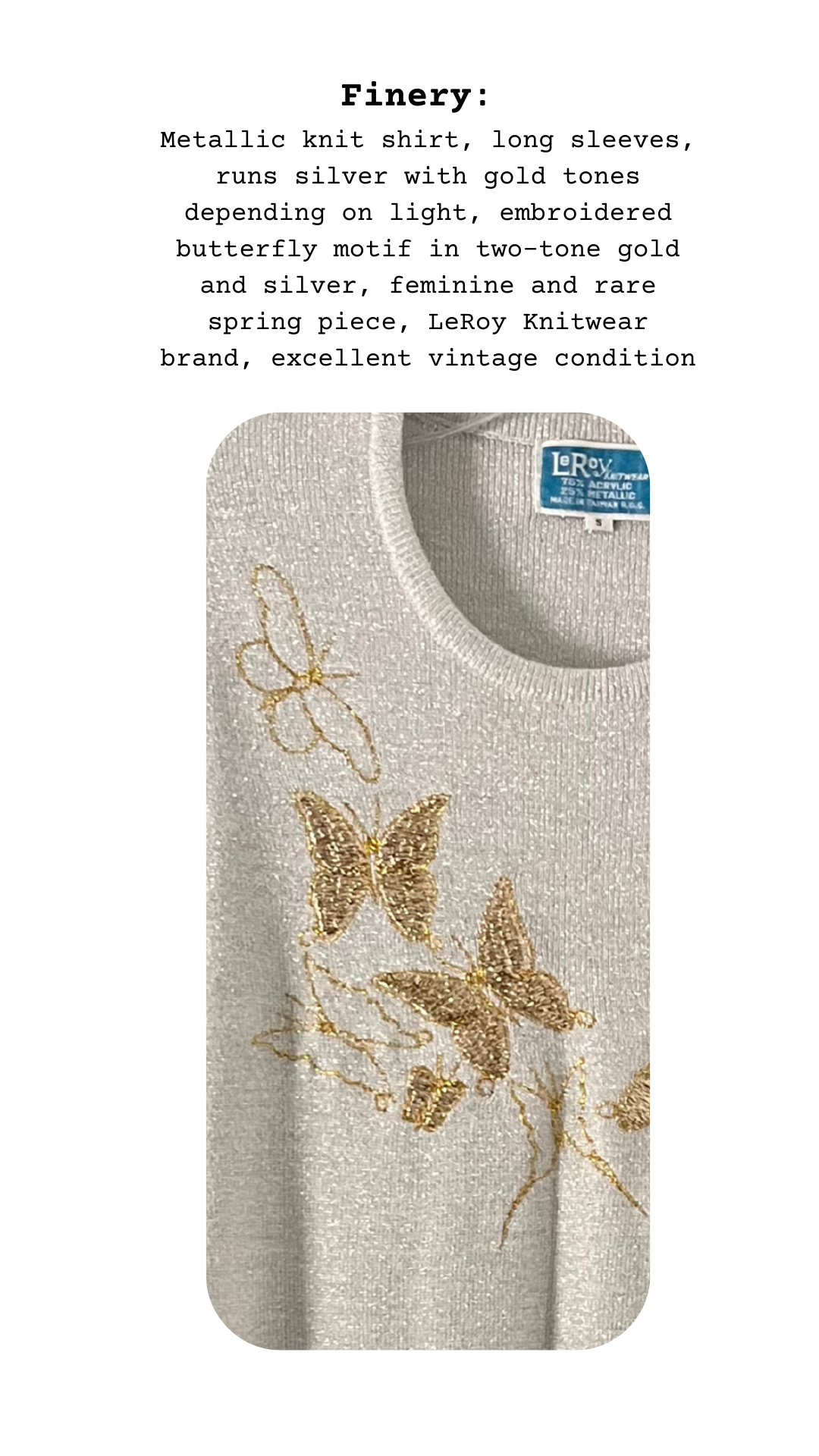 Metallic knit shirt with butterfly design on a white background