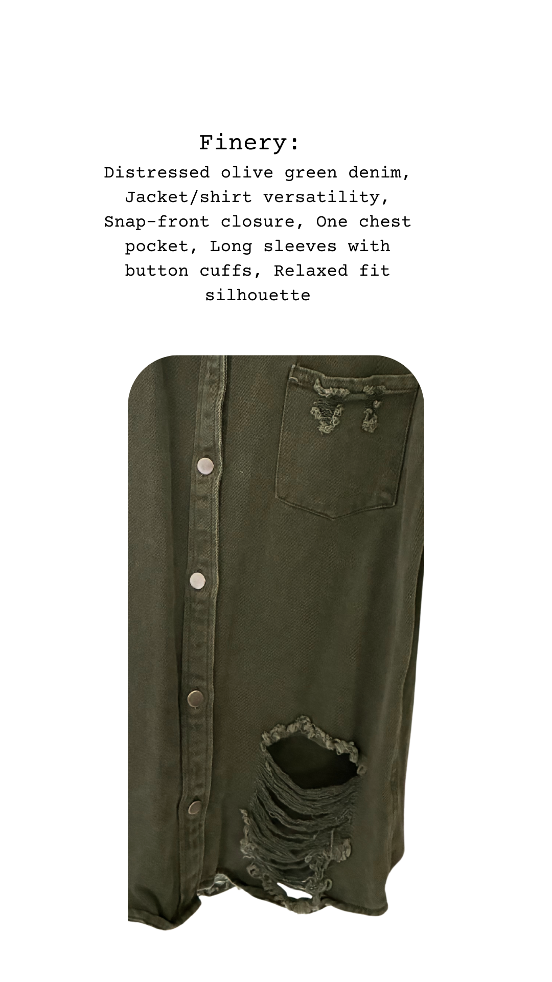 Close-up of olive green denim showing snap closures, frayed chest pocket, and heavy distressing at hem and pocket edges.
