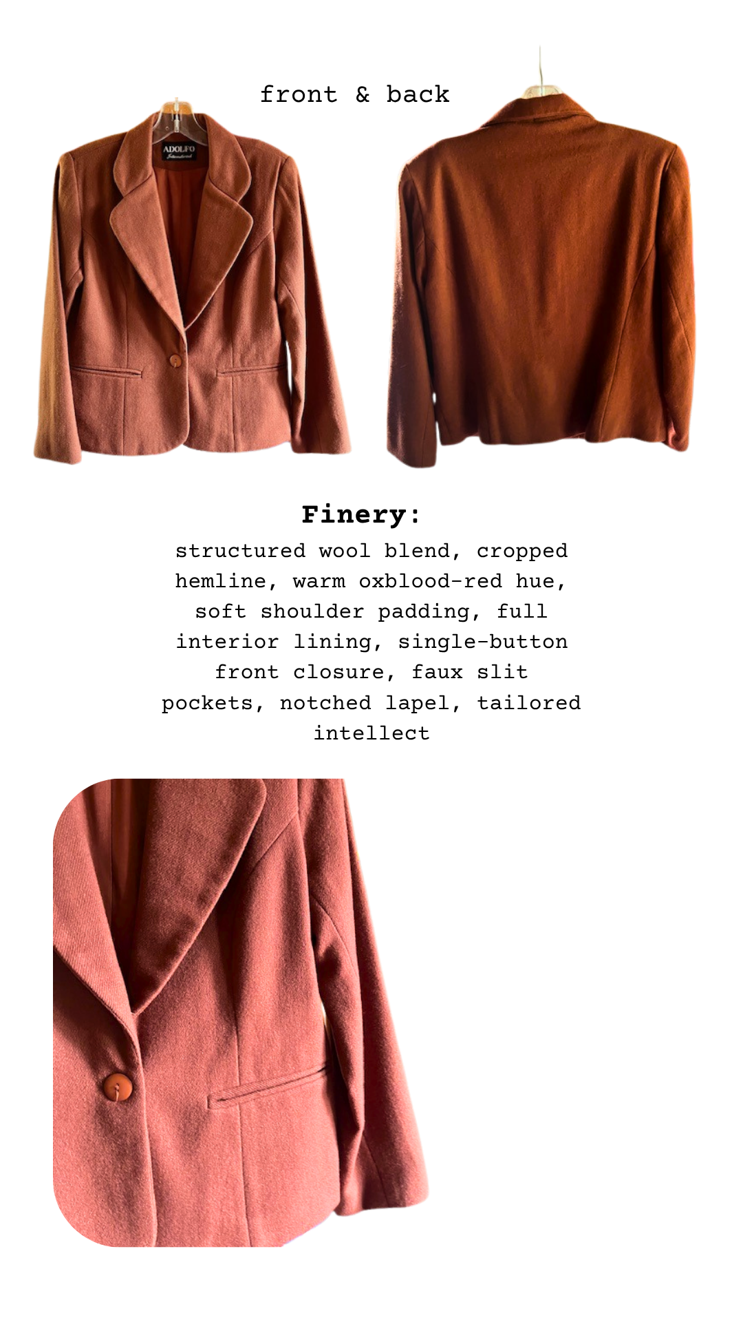 Detailed close-up of oxblood-red wool texture and lapel of the cropped blazer, emphasizing its tailored structure.
