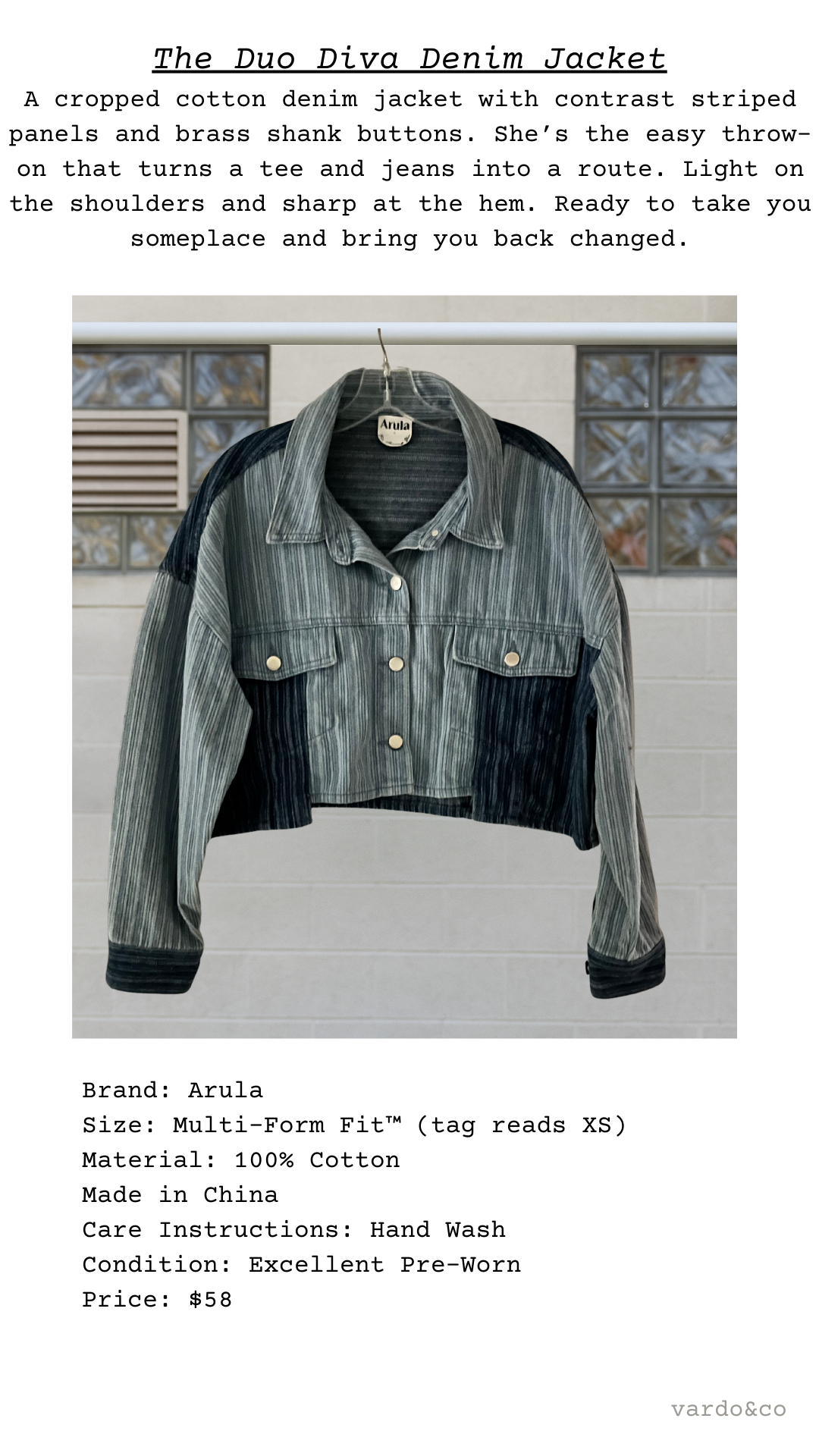 Denim jacket with text describing product details on a white background