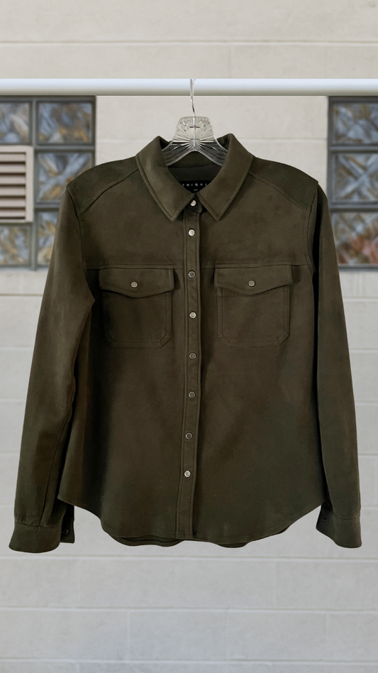 Deep olive snap-front shirt with suede-like finish and chest pockets
