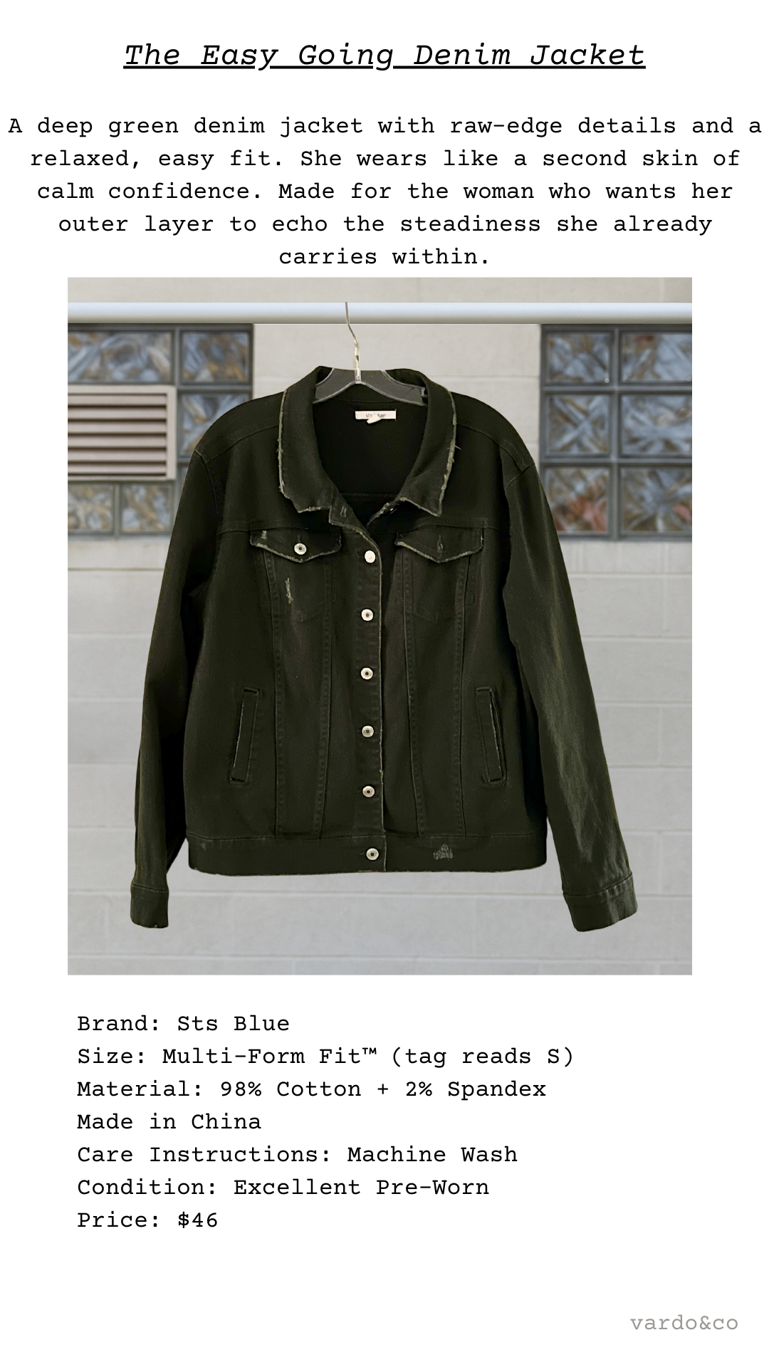 Green denim jacket on a hanger with text description and brand information.