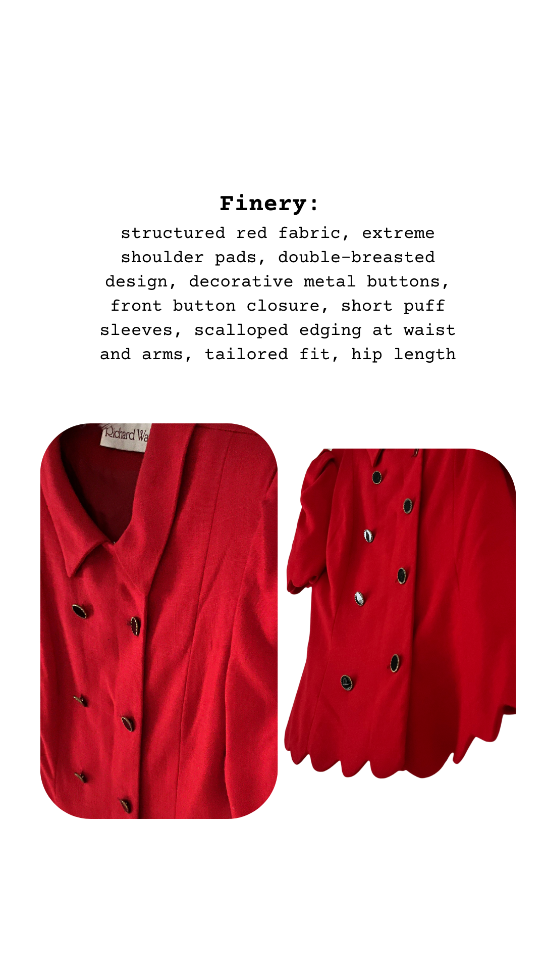 Finery card close-up of The Epoch Shirt Jacket, structured red fabric with double-breasted buttons and scalloped detailing
