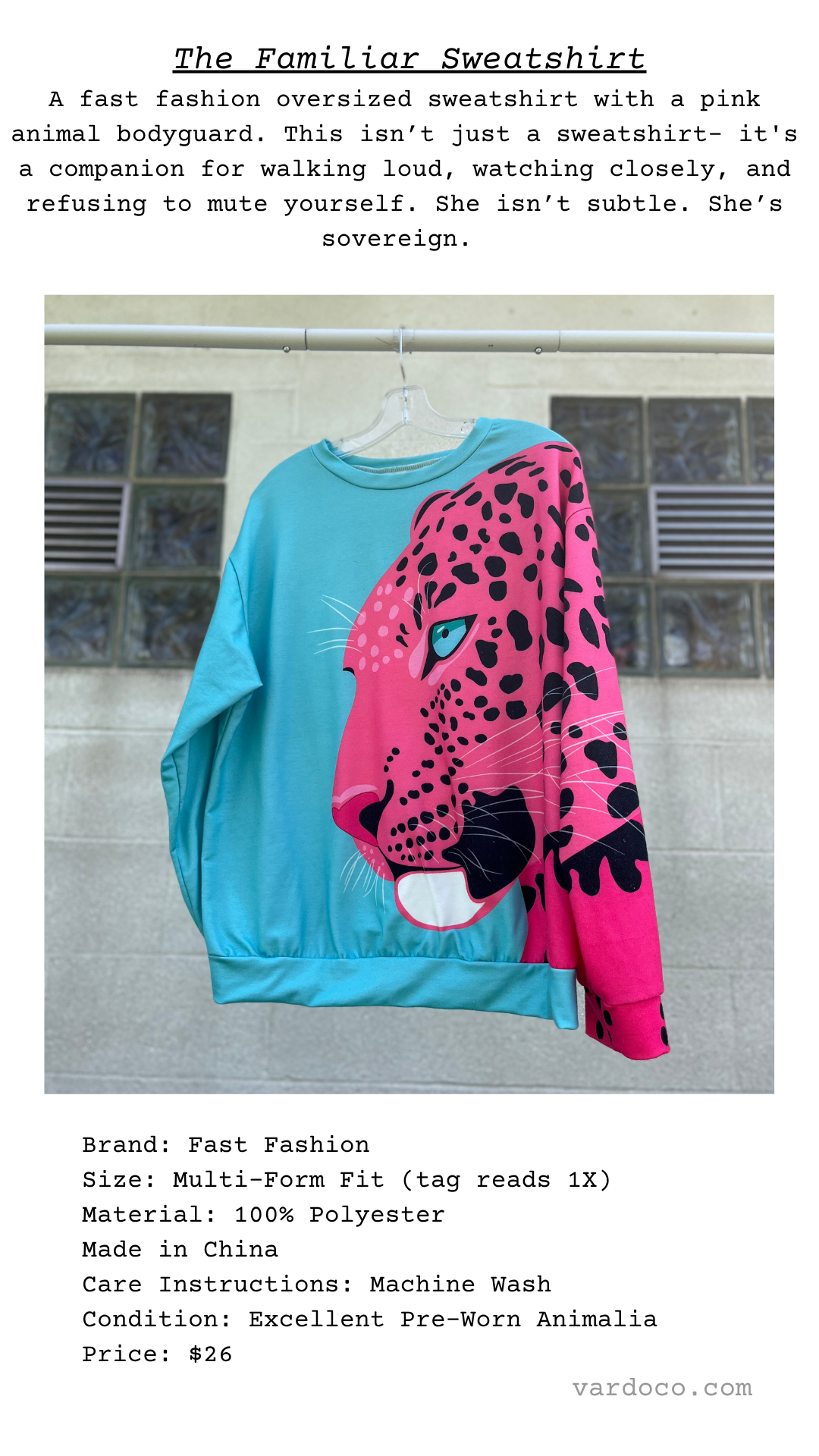 The Familiar Sweatshirt with poetic description and details about sizing, material, and price below.