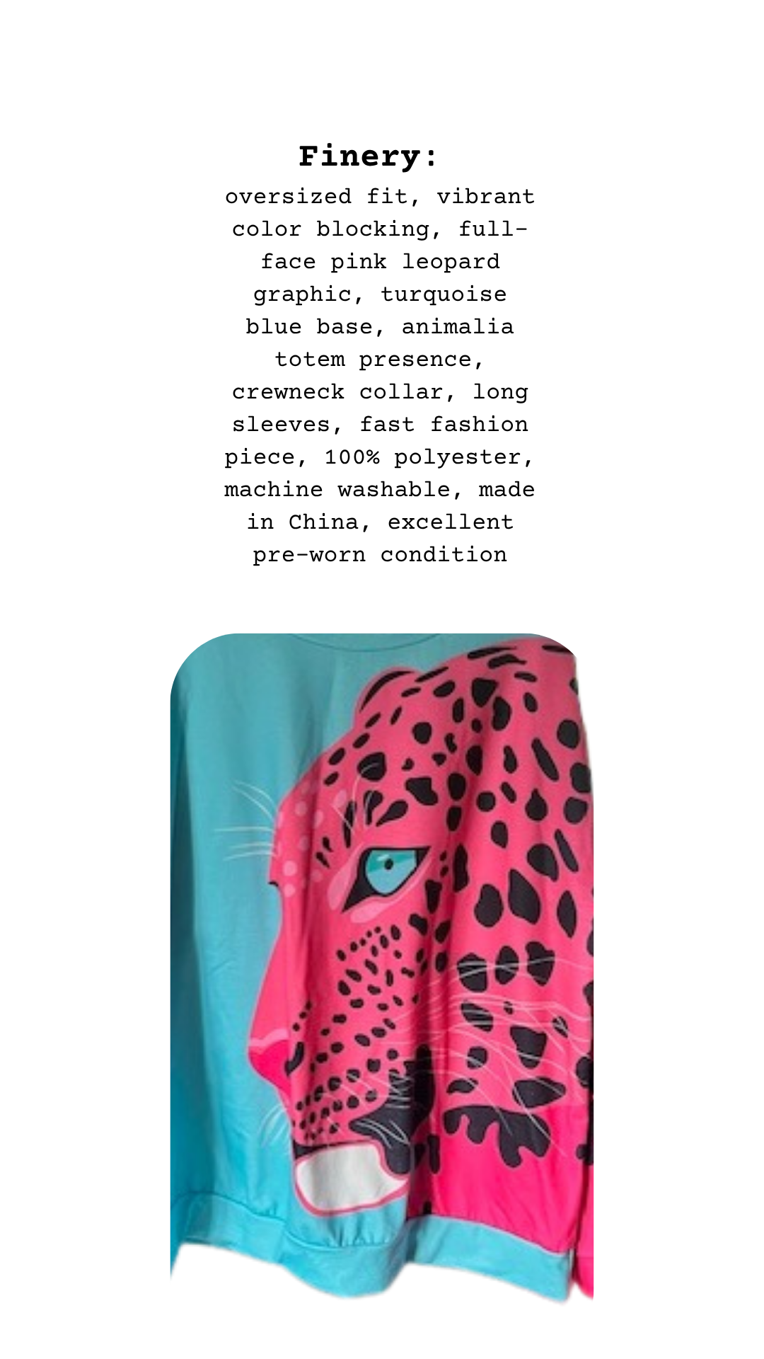 Side view of the pink leopard sweatshirt, with a list of its defining features including fit and material.