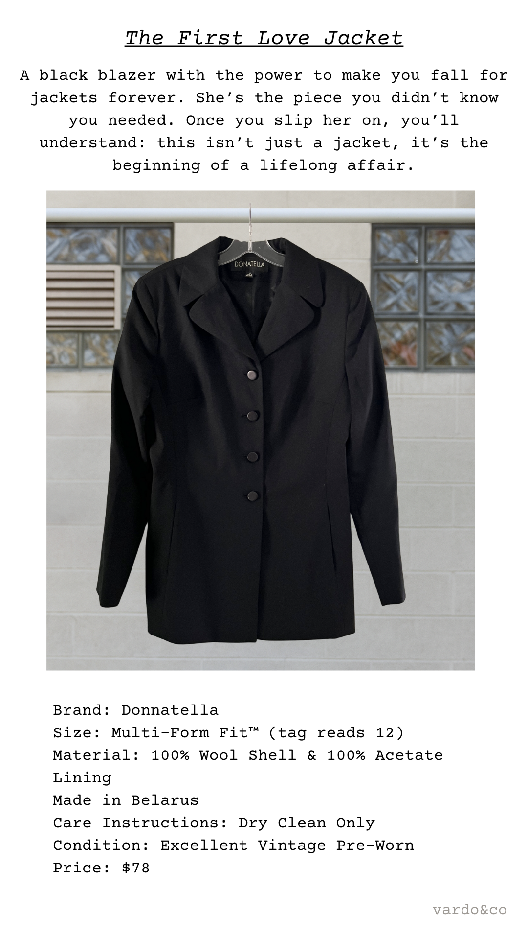 Black jacket on a hanger with text describing its features and brand details.