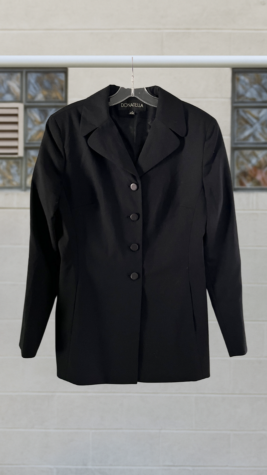 A black wool blazer jacket with notched lapel and front button closure
